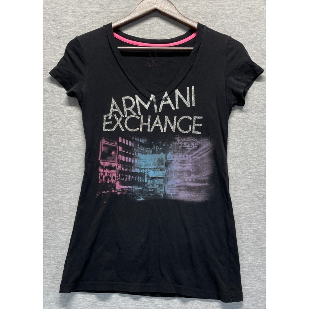 Armani Exchange T-Shirt Womens XS Black Graphic Print Logo Short Sleeve V-Neck